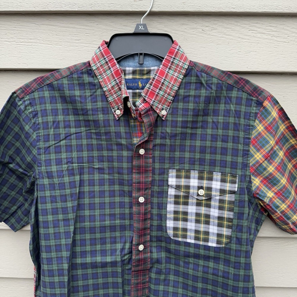 Polo Ralph Lauren Patchwork Plaid Shirt Mens Medium Henley Button Up Green - Picture 3 of 15